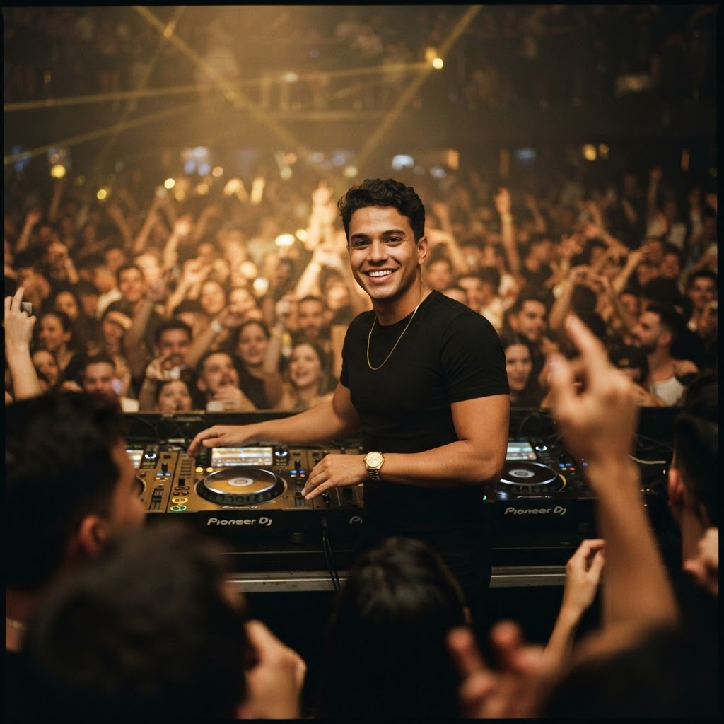 Artista tocando em uma CDJ 3000 e mixer Pioneer na cabine